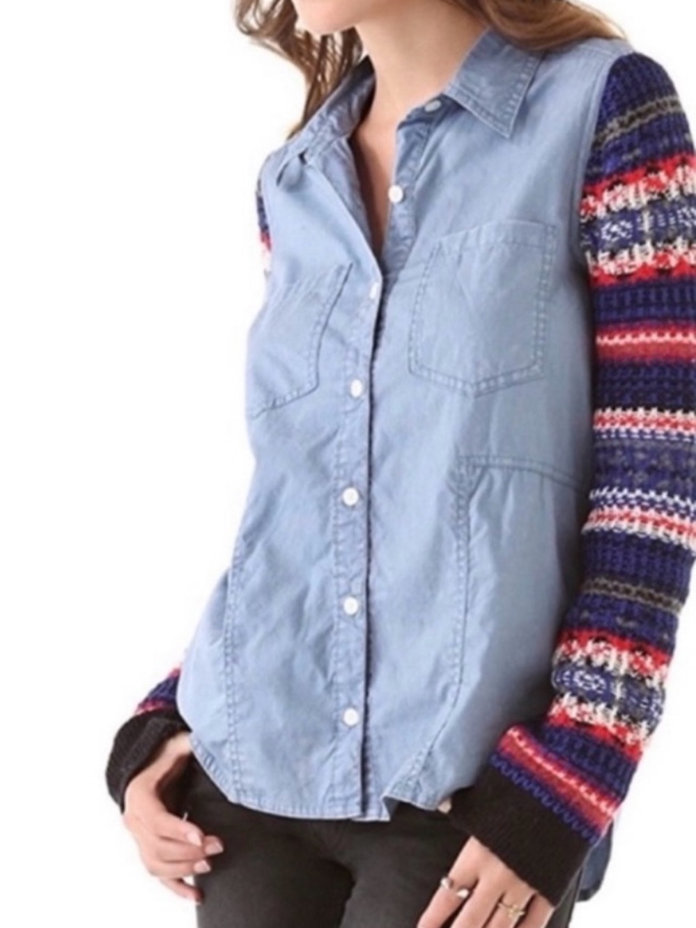 We The Free Chambray button up shirt with knit sleeves Size Large